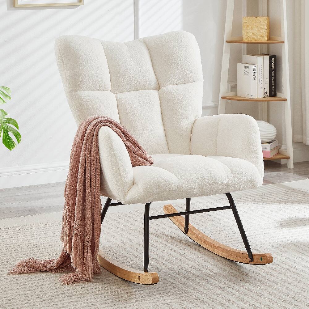 Front. Loheer - Loheer Ivory White Teddy Fabric Rocking Chair Tufted Upholstered Glider Chair with Metal Frame for Living Room Nursery - Ivory White.