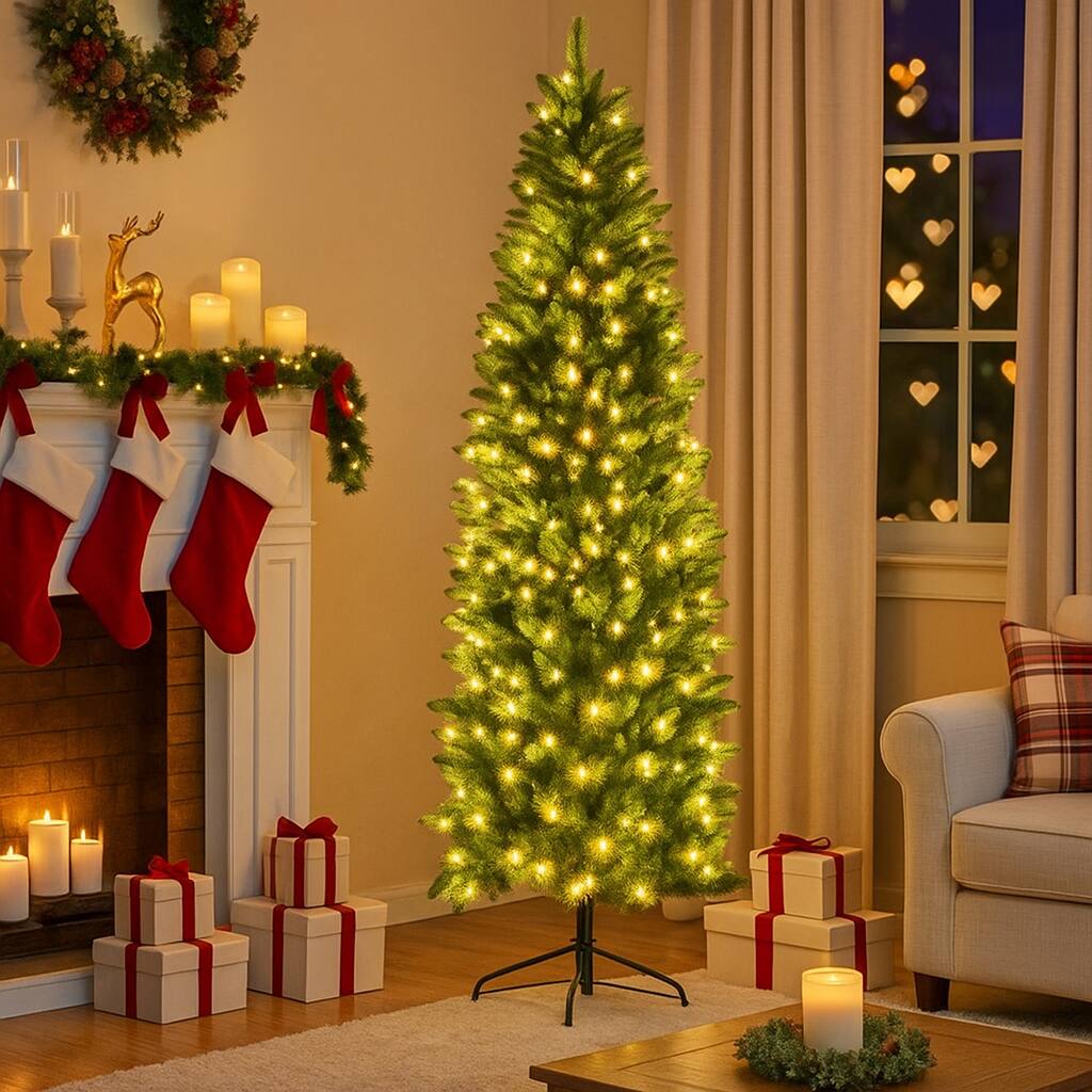 Front. BreeBe - Artificial Slim Fir Tree – 5ft 6ft 7ft Prelit with 150 Lights and Hinged Design - Green.