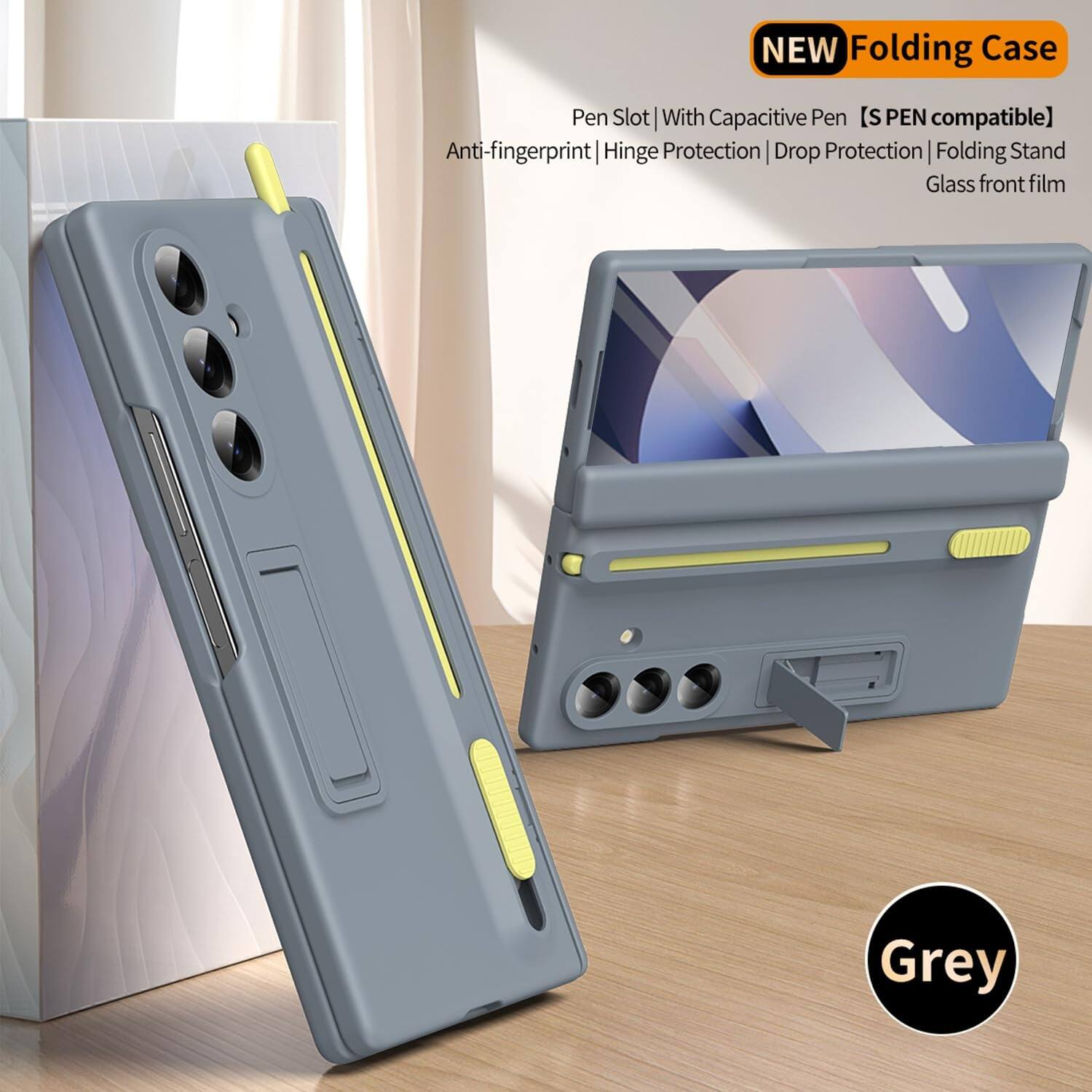 NEW Folding Case Pen Slot | With Capacitive Pen (S PEN compatible) | Anti-fingerprint | Hinge Protection | Drop Protection | Folding Stand | Glass front film | Grey