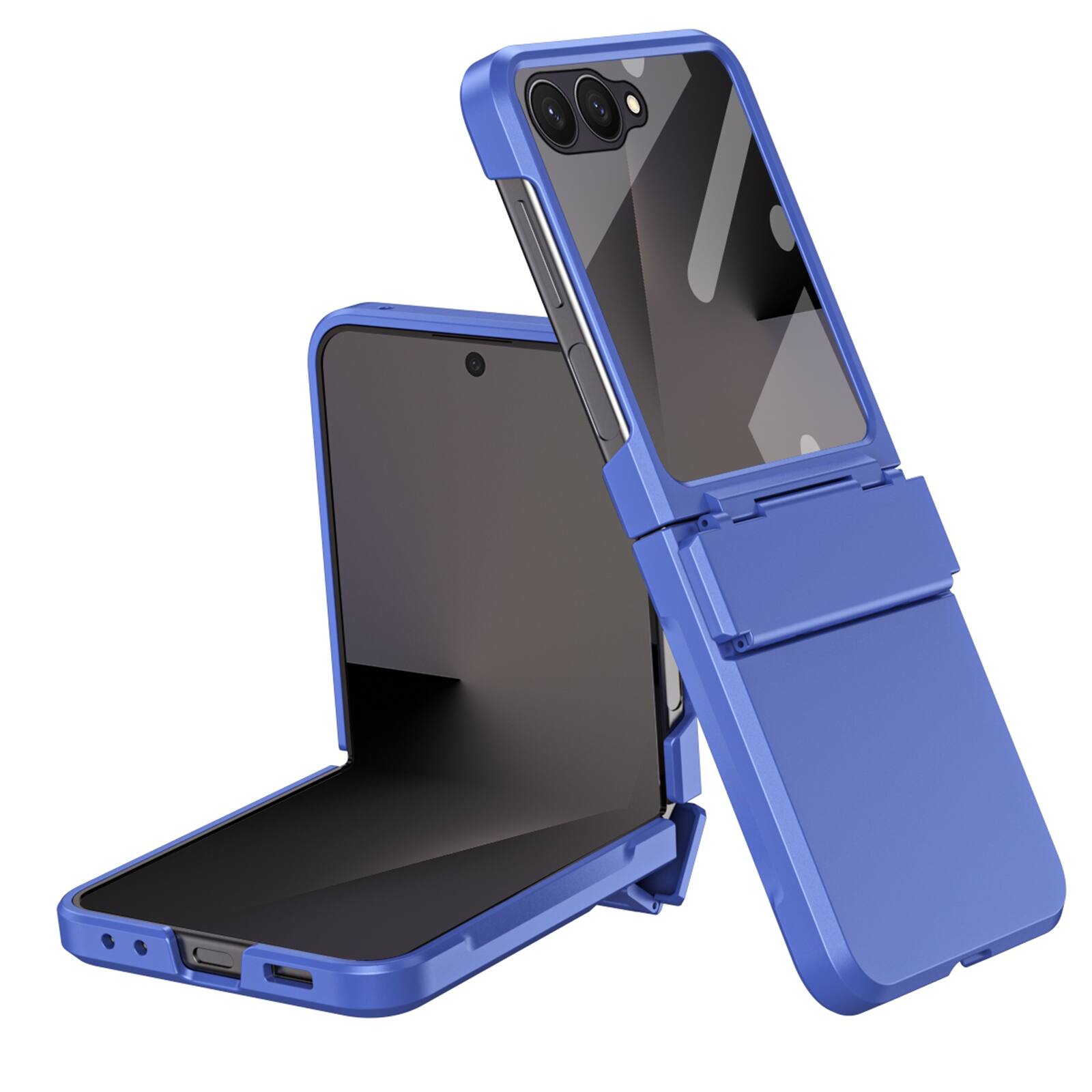 Angle. Dteck - Shockproof Case for Samsung Galaxy Z Flip7 with Hinge Protection, Hard PC Cover Built-in Tempered Glass Screen Protector - Blue.