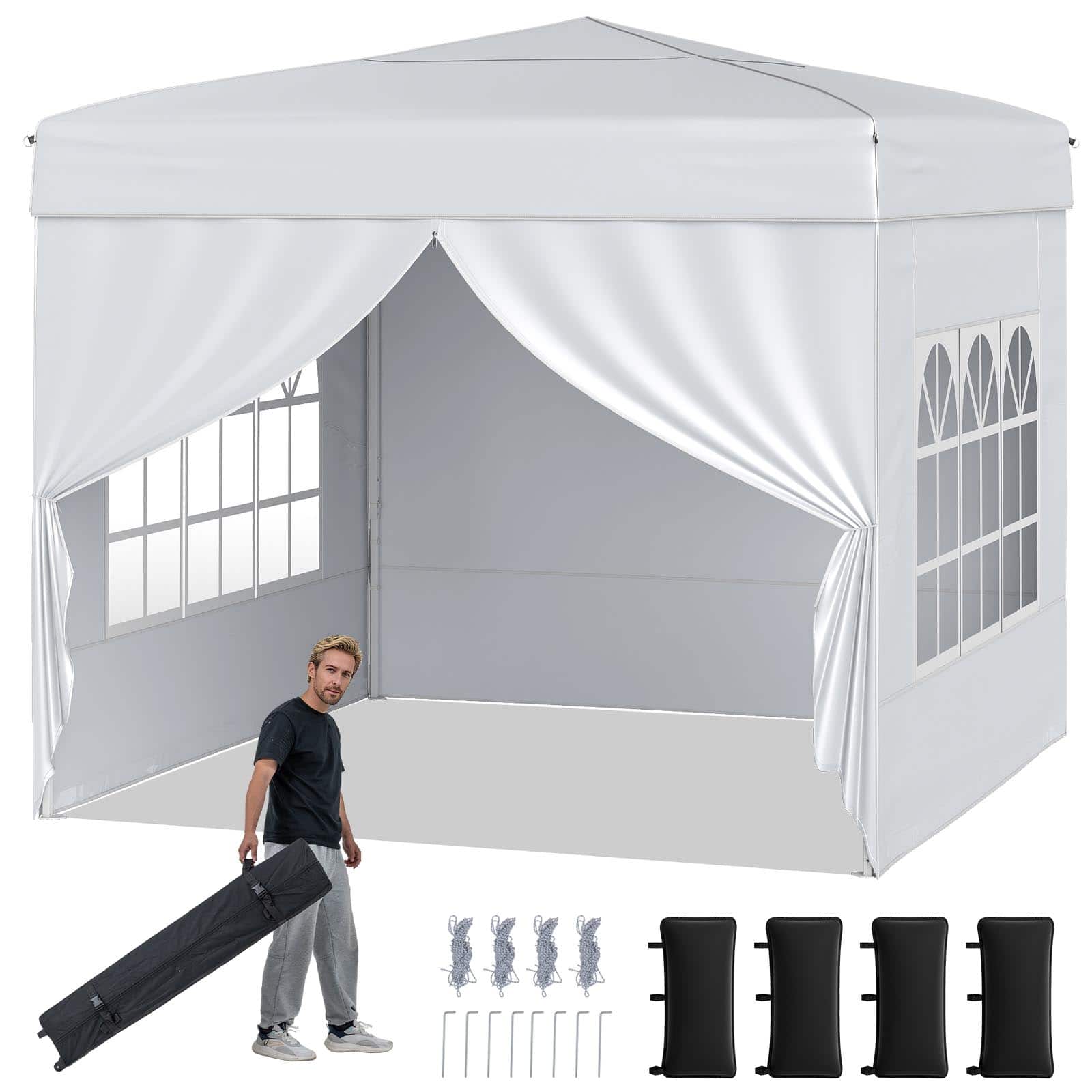 Gymax - 10 X 10 FT Pop up Canopy Tent w/ 4 Sidewalls Wheeled Bag 4 Sandbags 8 Stakes - White