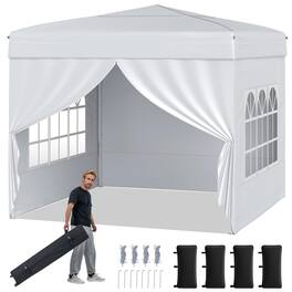 Gymax - 10 X 10 FT Pop up Canopy Tent w/ 4 Sidewalls Wheeled Bag 4 Sandbags 8 Stakes - White