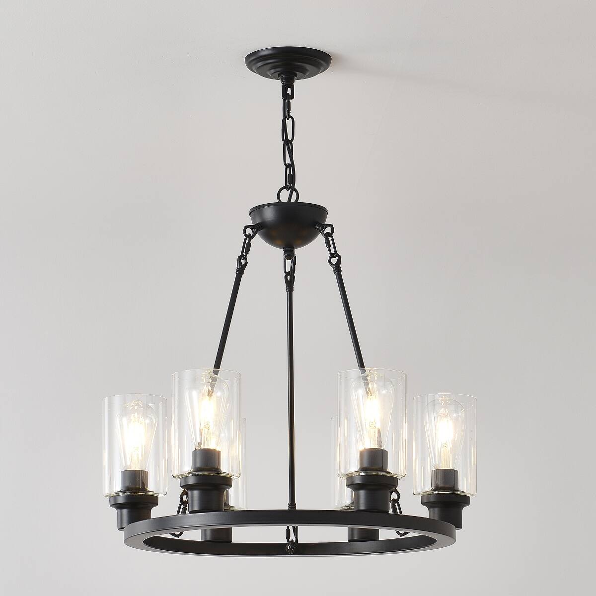 Left. Loheer - Loheer Six Light Wagon Wheel Chandelier Matte Black Farmhouse Ceiling Light with Seeded Glass and E26 Sockets.