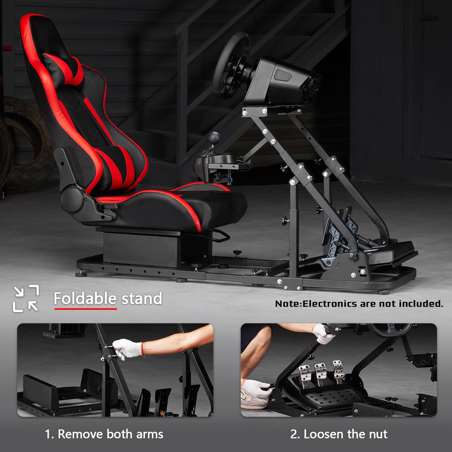 Foldable stand  
Note: Electronics are not included.  
1. Remove both arms  
2. Loosen the nut