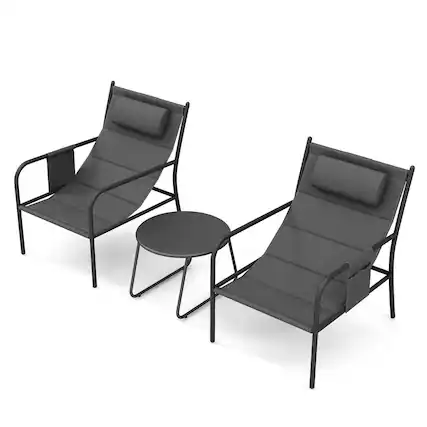 Front. Costway - Costway 3 PCS Outdoor Bistro Set Breathable Seat Fabric & Cozy Headrest Metal for Yard - Gray.