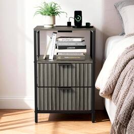 Winado - Fluted Style Nightstand with Charging Station, 2 Fabric Drawers and Shelves USB Type-C AC Outlets Front Bedside Table - Grey Oak