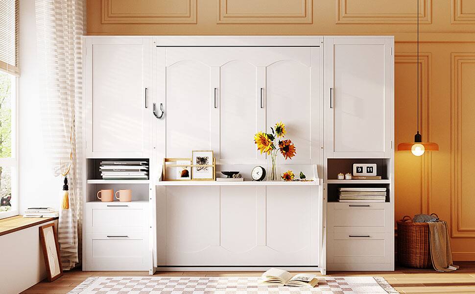 Back. Tiramisubest - Full Size White Murphy Bed with Closet, Drawers & Shelves, MDF+LVL, 107x18x82 inches, 395 lbs - White.