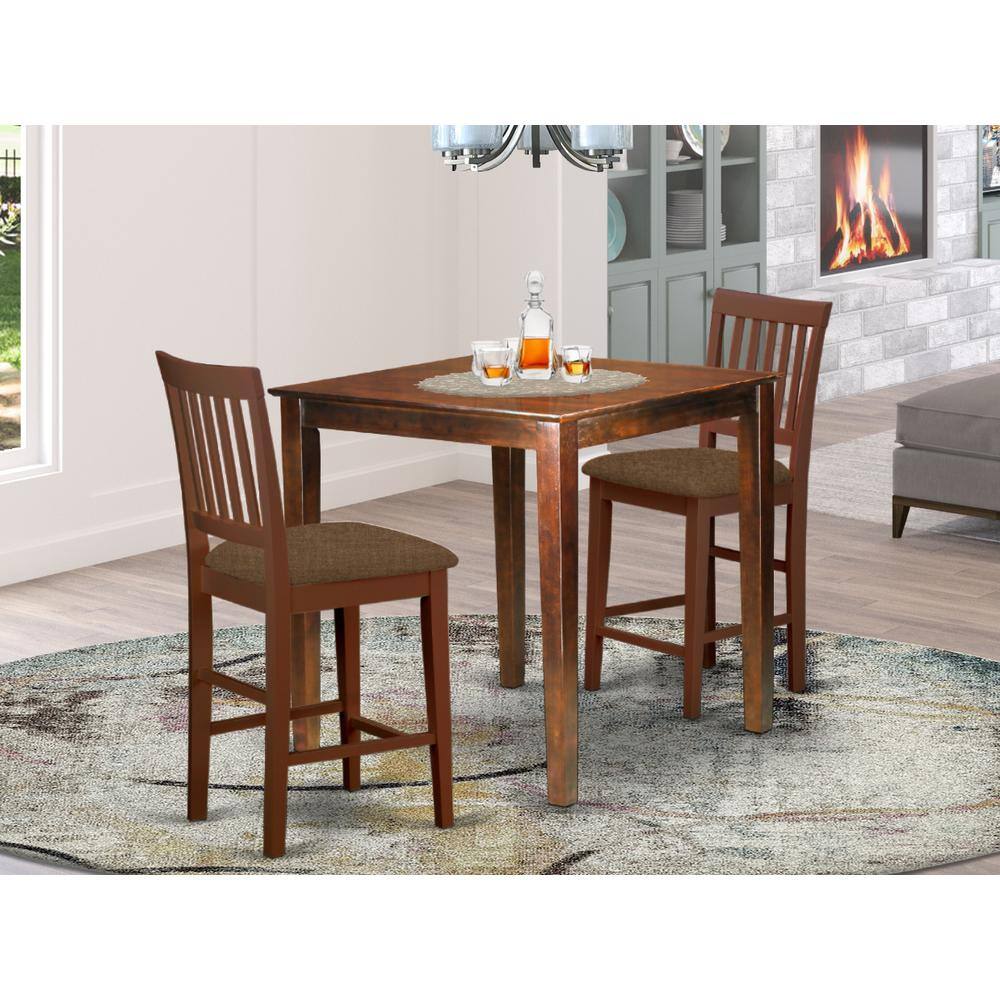 Left. East West Furniture - VERN3-MAH-C 3 Pc Counter height Table-Square gathering Table and 2 Stools - Mahogany.