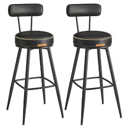 Songmics Home - Bar Stools Set of 2, Swivel Bar Height Bar Stools with Back, Synthetic Leather with Stitching, Mid-Century Modern - Ink Black
