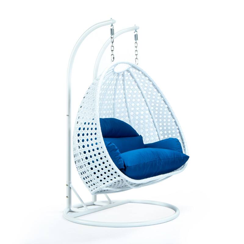 Back. LeisureMod - Leisuremod Modern 2-Person Outdoor Egg Swing White Wicker Chair with Stand, Plush Washable Cushions & Waterproof Cover - Dark Green.