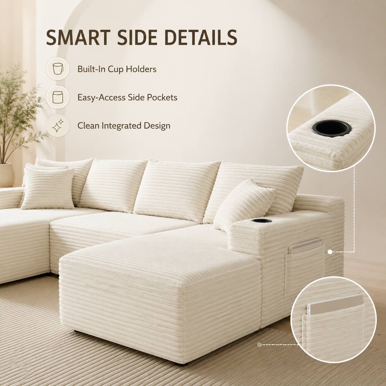 SMART SIDE DETAILS  
- Built-In Cup Holders  
- Easy-Access Side Pockets  
- Clean Integrated Design