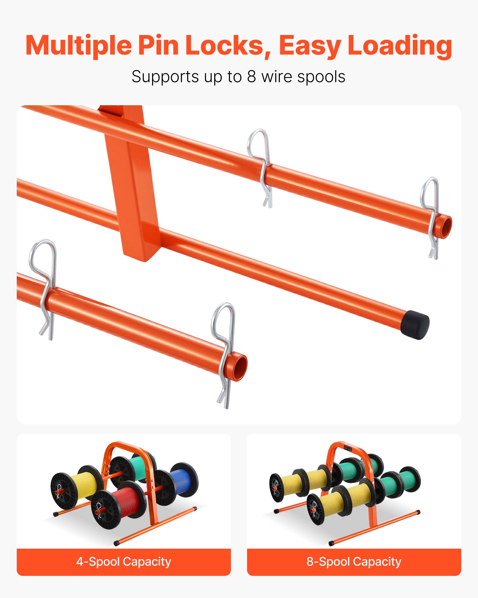 Multiple Pin Locks, Easy Loading, Supports up to 8 wire spools, 4-Spool Capacity, 8-Spool Capacity