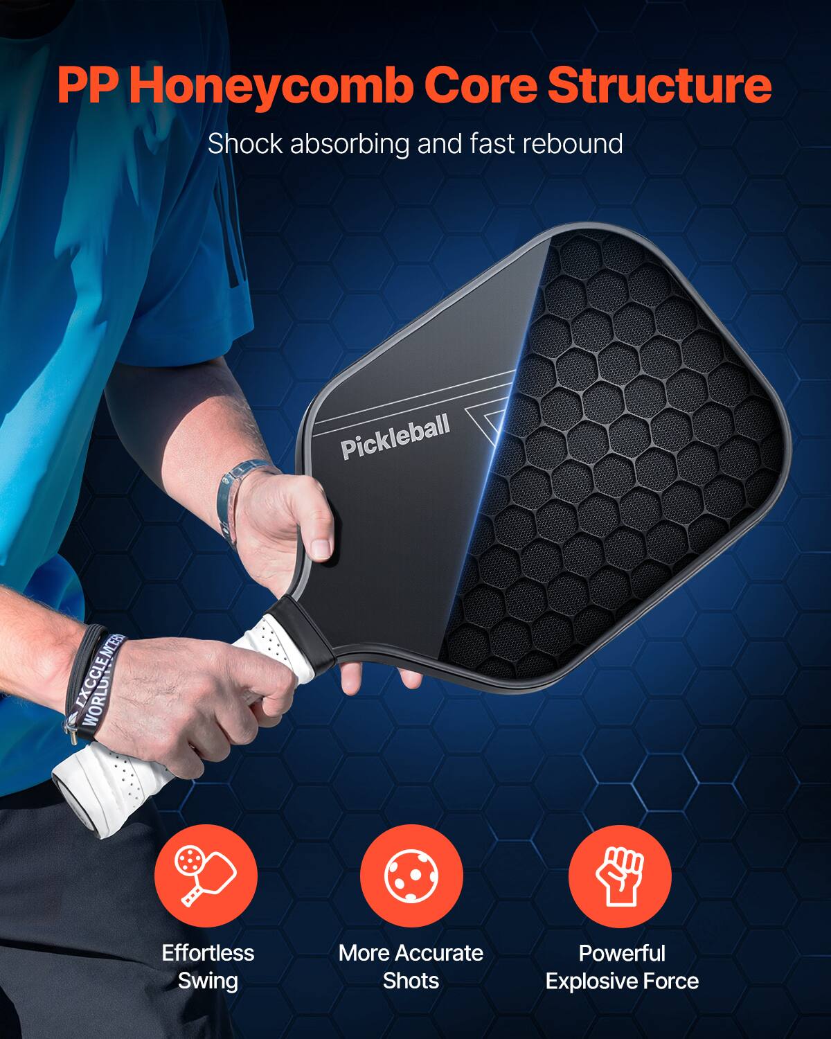 PP Honeycomb Core Structure  
Shock absorbing and fast rebound  

Effortless Swing  
More Accurate Shots  
Powerful Explosive Force