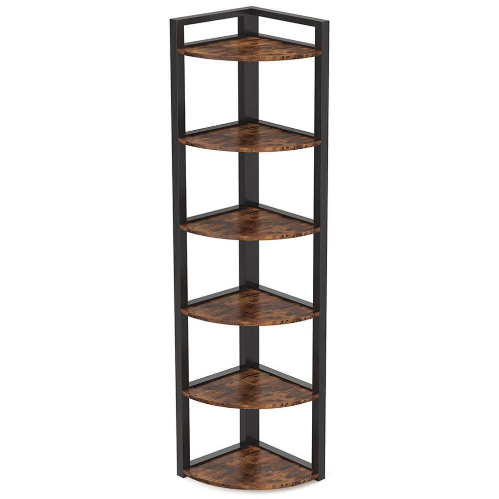 Angle. Kadyn - Kadyn Bookshelf, Storage Shelf, Bookcase,6-Tier Corner Shelf, Small Corner Bookshelf Storage Rack,Rustic Brown - Rustic Brown.