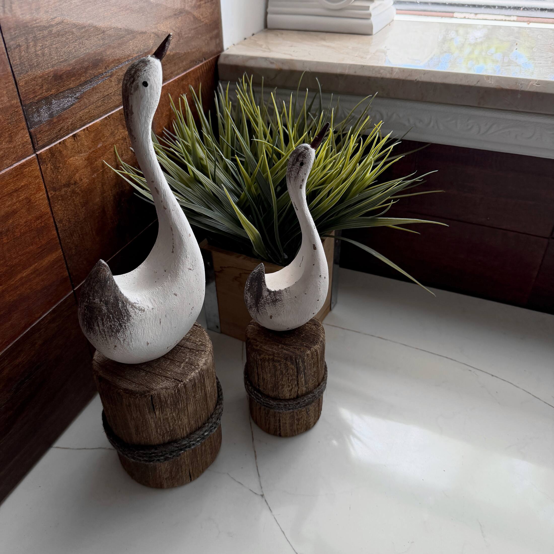 Alt View 7. Things2Die4 - Distressed White Wood Swan Statues Set of 2 Nautical Dock Piling Shelf Decor - White.
