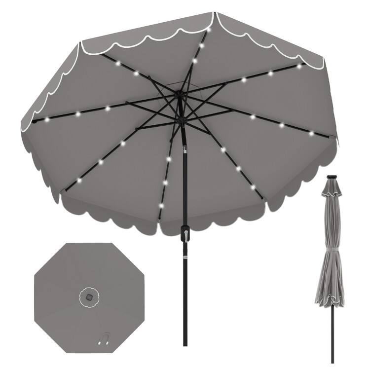 Alt View 5. Mondawe - 9.3 ft Solar Patio Umbrella 24 LED Lights Vented Top Crank Tilt Ruffled - Gray.