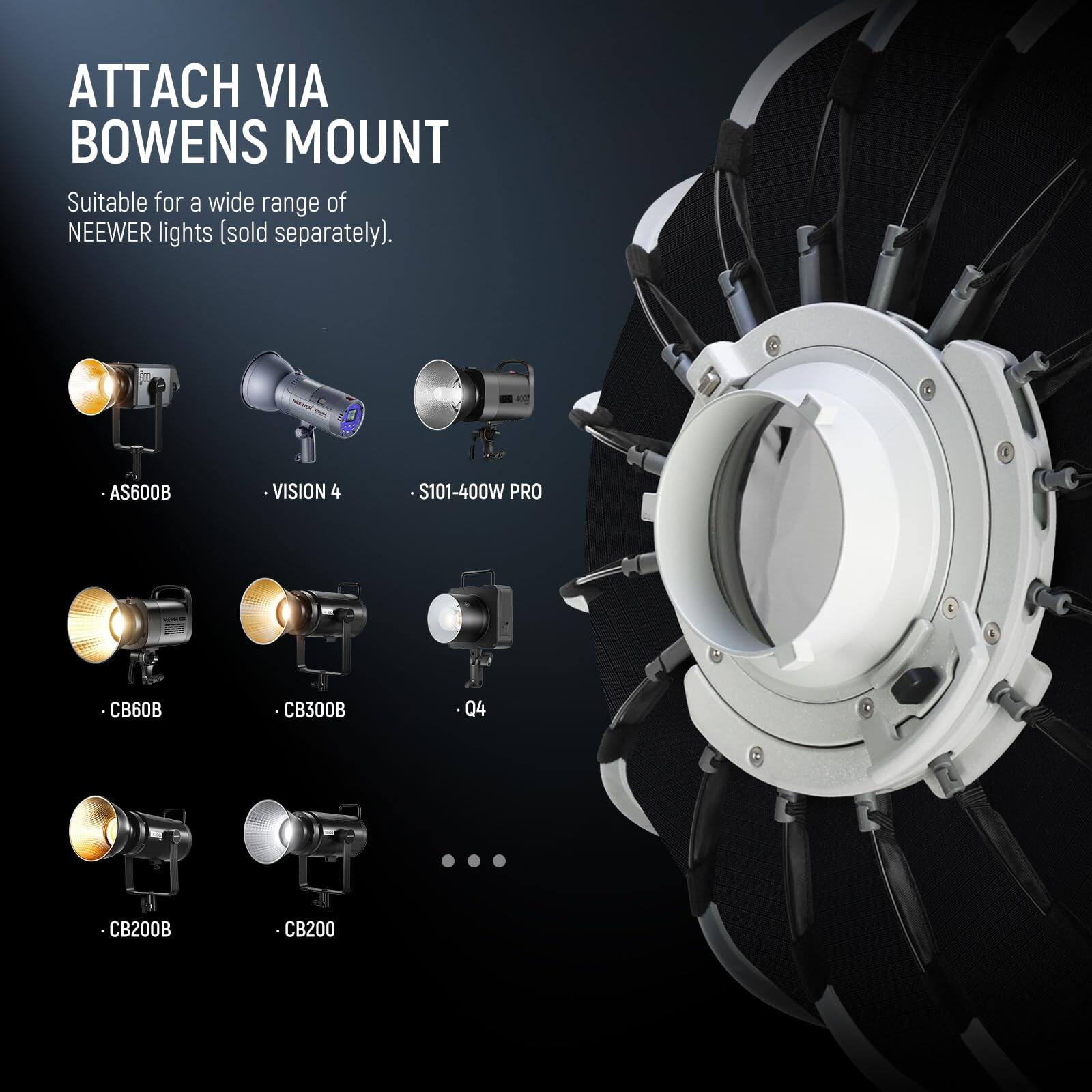 ATTACH VIA BOWENS MOUNT  
Suitable for a wide range of NEEWER lights (sold separately).  

- AS600B  
- VISION 4  
- S101-400W PRO  
- CB60B  
- CB300B  
- Q4  
- CB200B  
- CB200