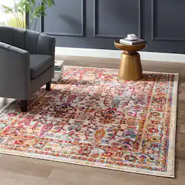 Modway - Entourage Jessa Distressed Vintage Floral Lattice Area Rug - Ivory Blue Orange Yellow Red