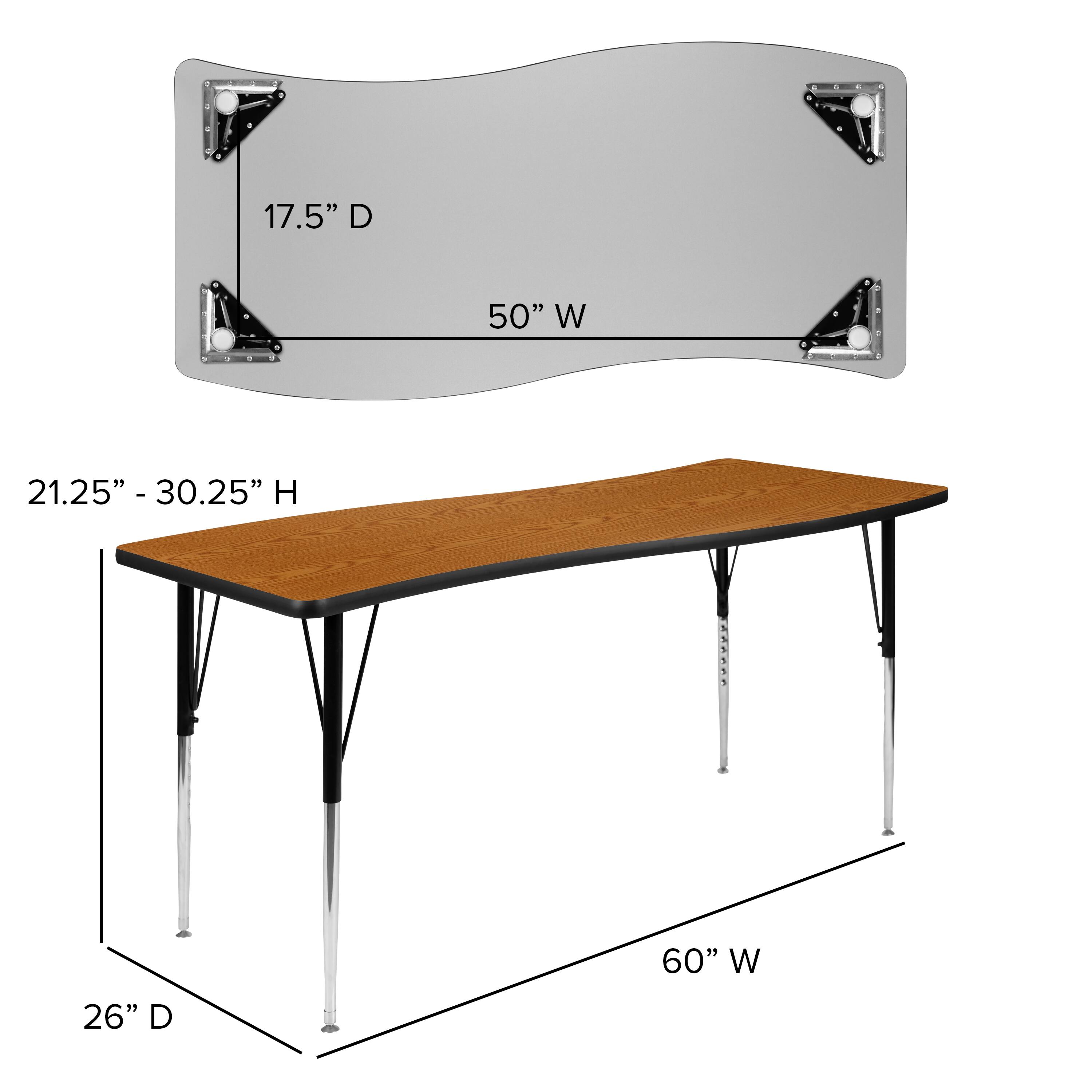 17.5" D  
50" W  
21.25" - 30.25" H  
60" W  
26" D