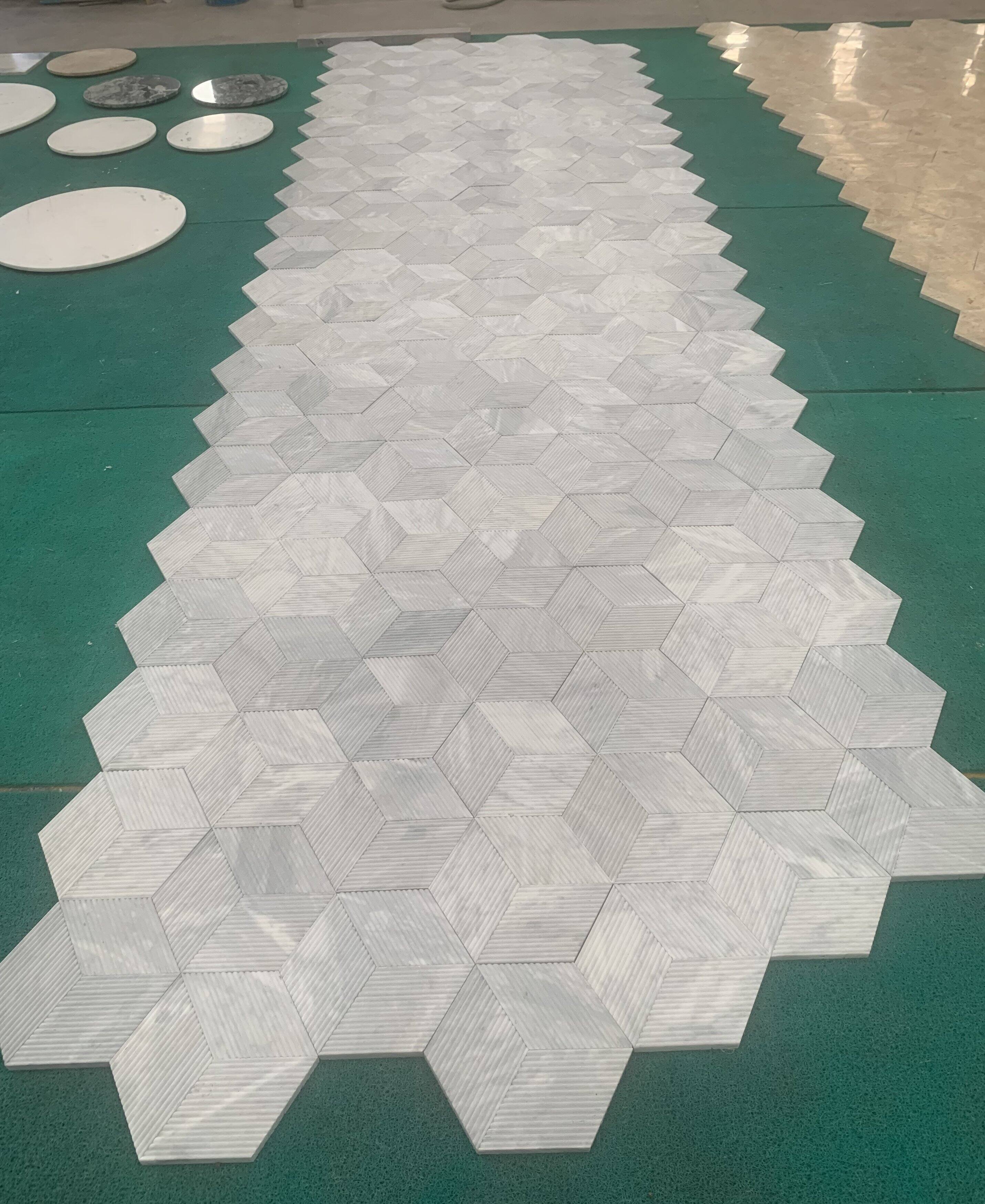 Alt View 7. APRILSOUL - Hexagon Carrara Gray Natural Marble Tiles OL Textured 3D Fluted - White.