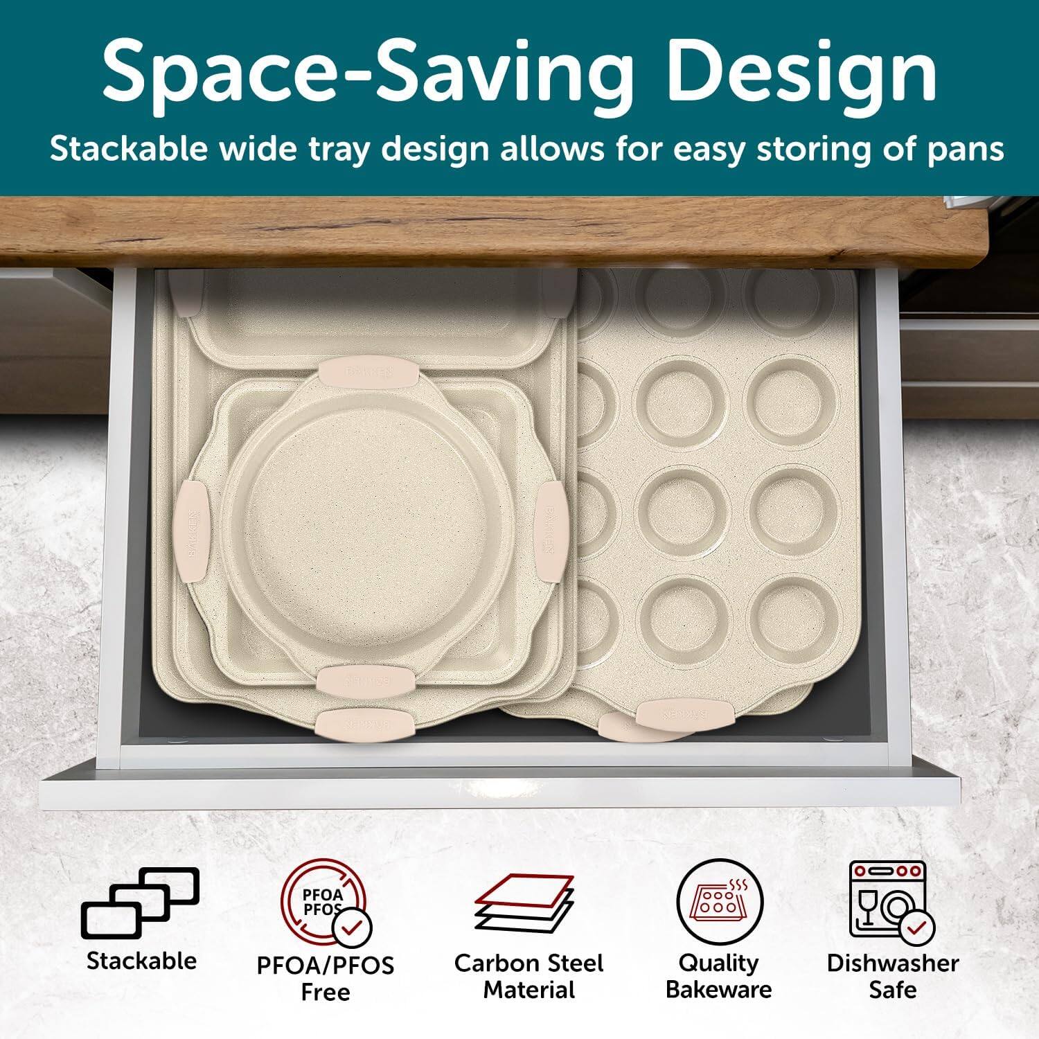 Space-Saving Design, Stackable wide tray design allows for easy storing of pans, PFOA/PFOS Free, Carbon Steel Material, Quality Bakeware, Dishwasher Safe