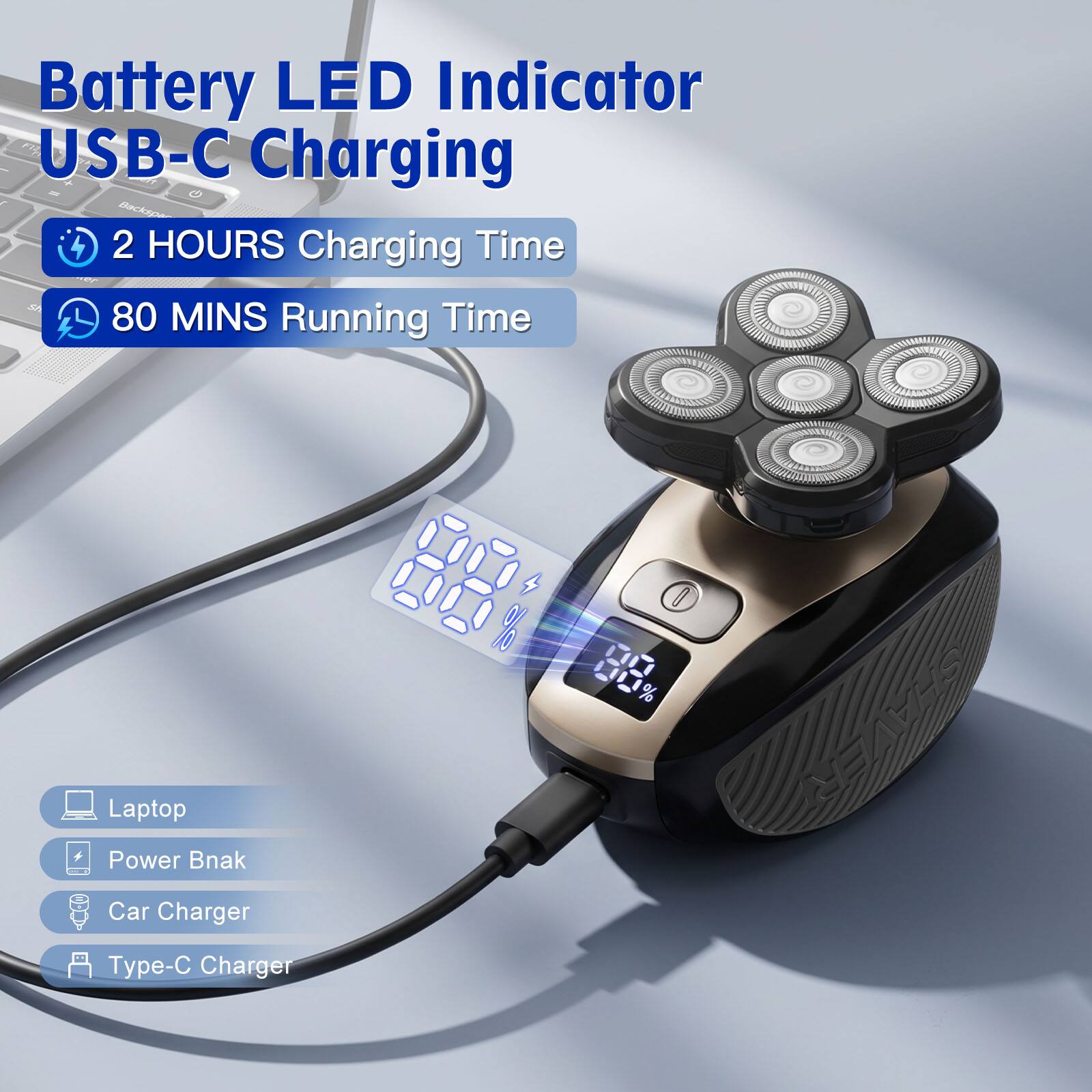 Battery LED Indicator USB-C Charging

2 HOURS Charging Time

80 MINS Running Time

Laptop
Power Bank
Car Charger
Type-C Charger