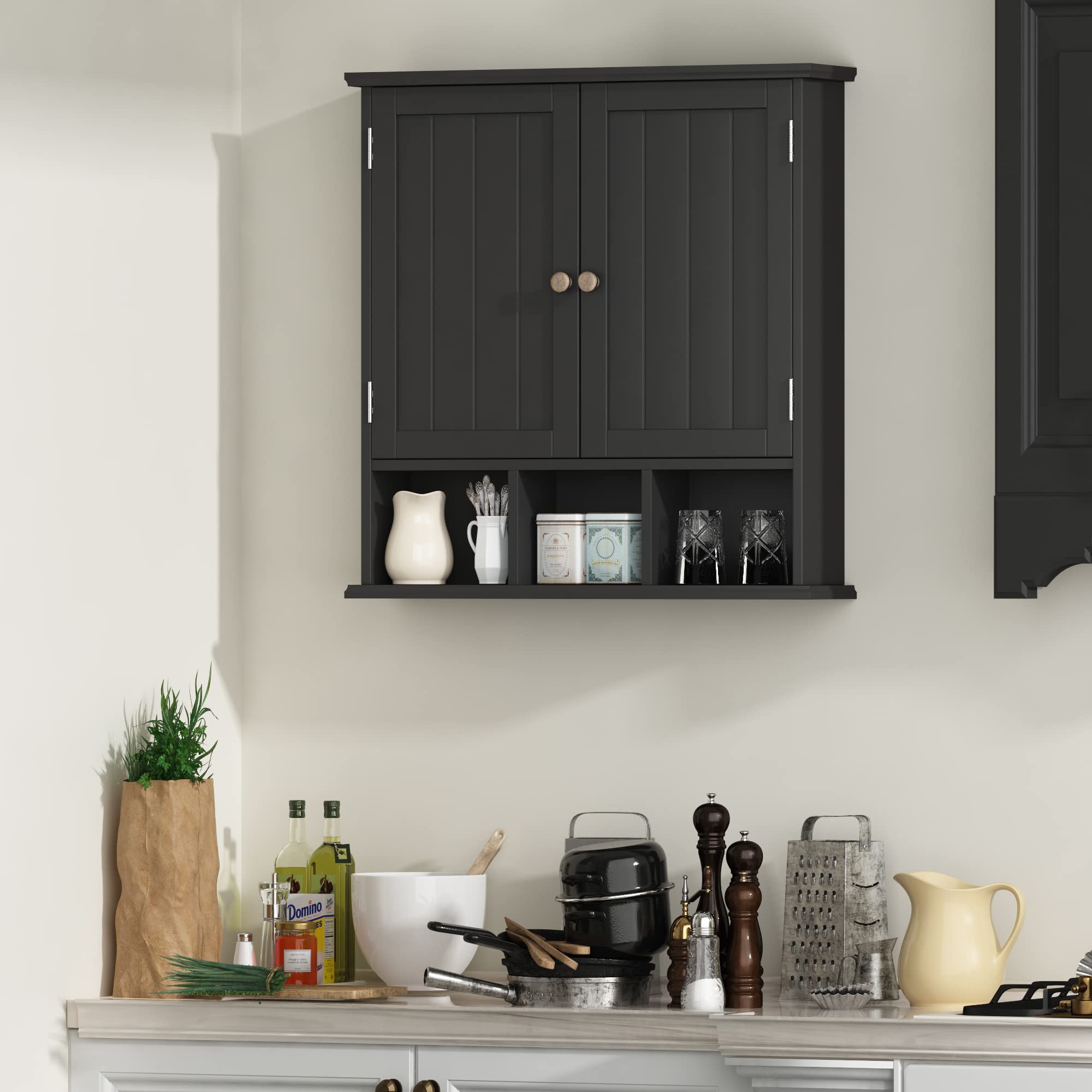 Alt View 3. Hirose Alice - Cabinet ed 2-door With 3 Open Shelves en Cabinets Shelf space Saver Storage Over The Toilet For & Bathroom - Grey-1 pack.