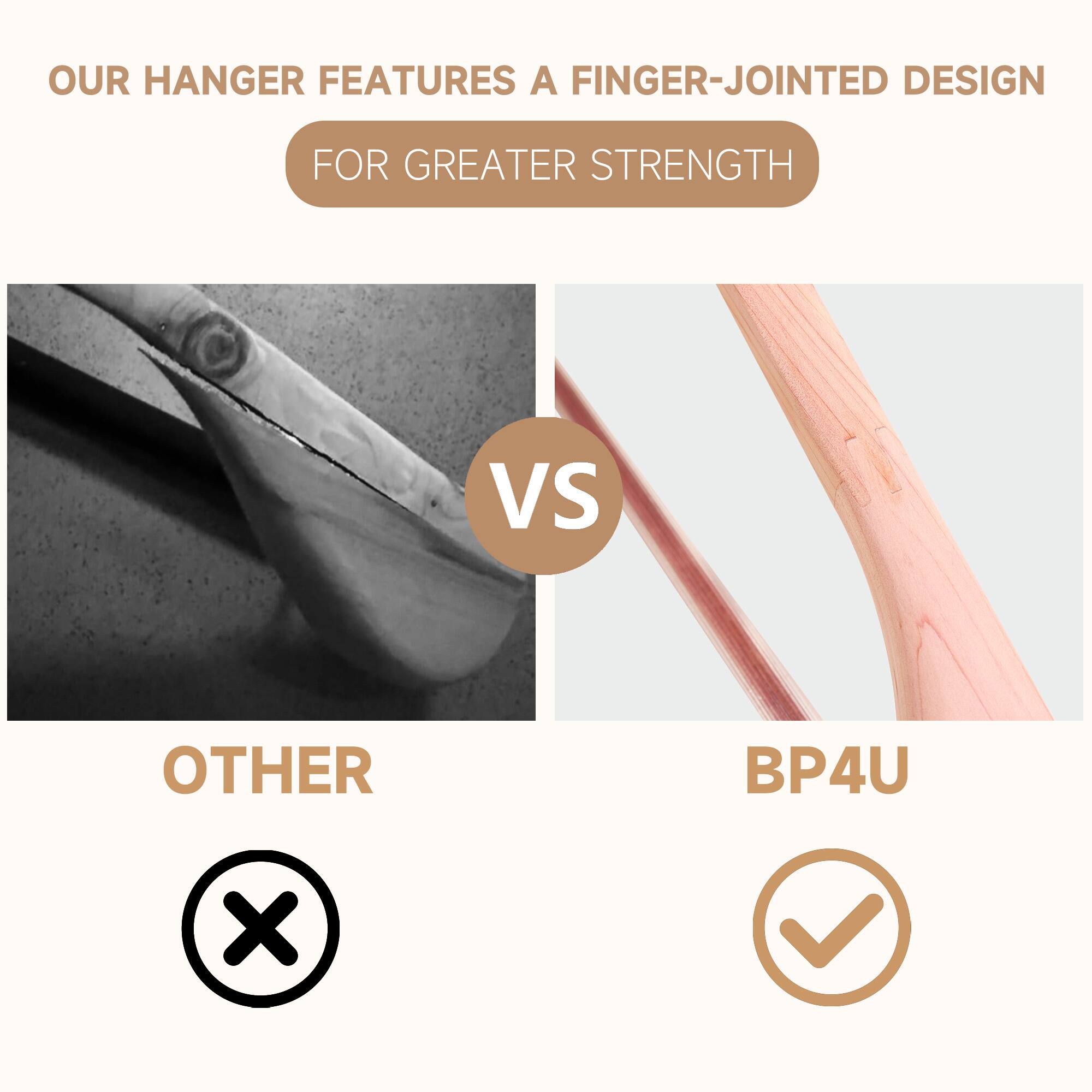 OUR HANGER FEATURES A FINGER-JOINTED DESIGN FOR GREATER STRENGTH

VS

OTHER BP4U