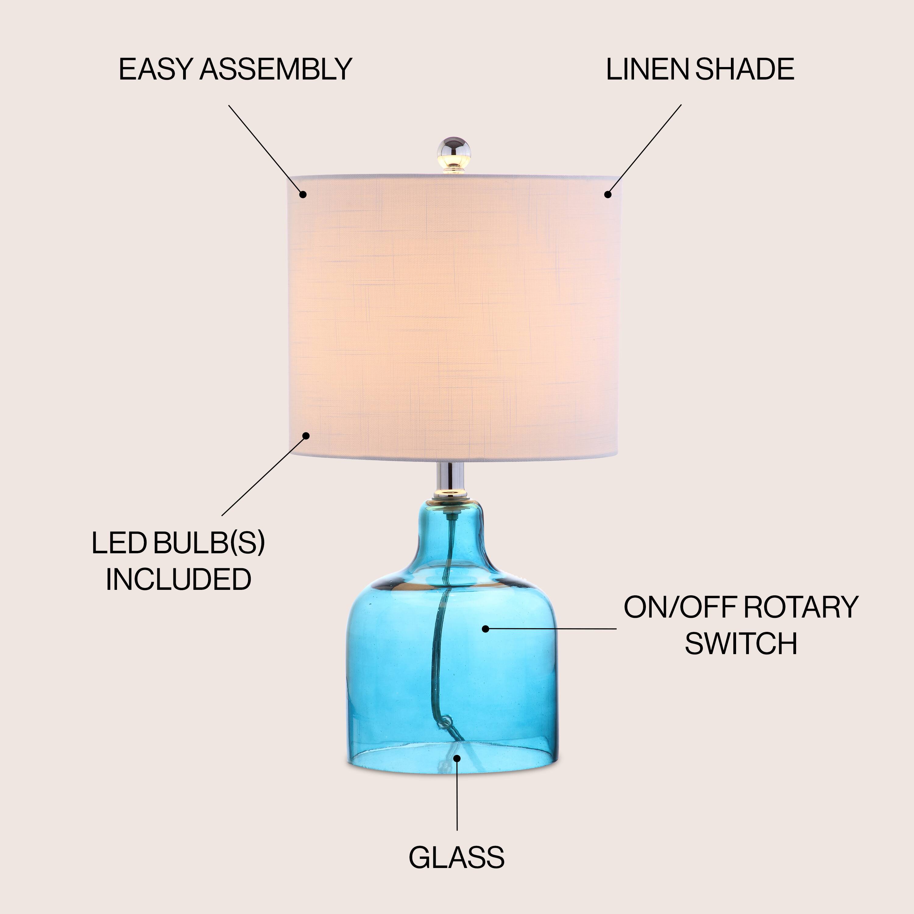 EASY ASSEMBLY  
LINEN SHADE  
LED BULB(S) INCLUDED  
ON/OFF ROTARY SWITCH  
GLASS
