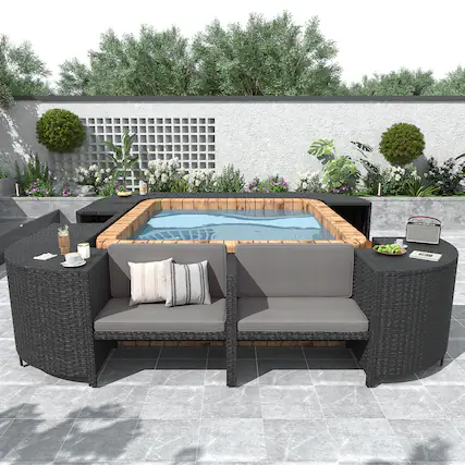 Front. Anysun - Quadrilateral Outdoor Rattan Sectional Sofa Set - Spa Frame, Wooden Seats, Mini Sofa & Storage. - Grey.