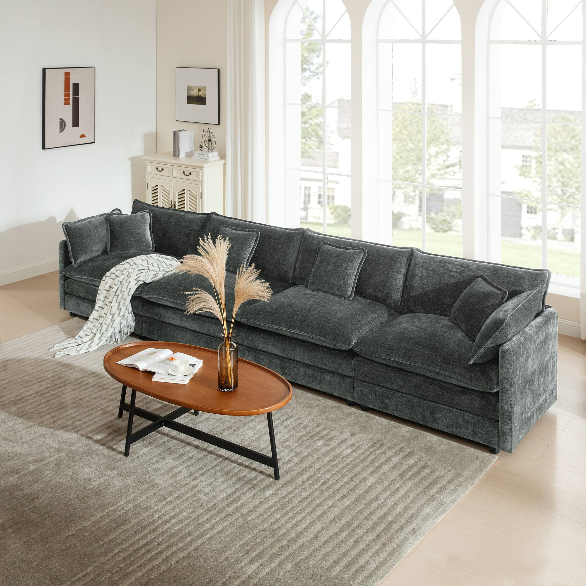 Front. LOVMOR - 4 Seater Modular Easy Assembly Chenille Sectional Couch For Living Room Bedroom Office Plush Cozy Lounge TV XL - Black.