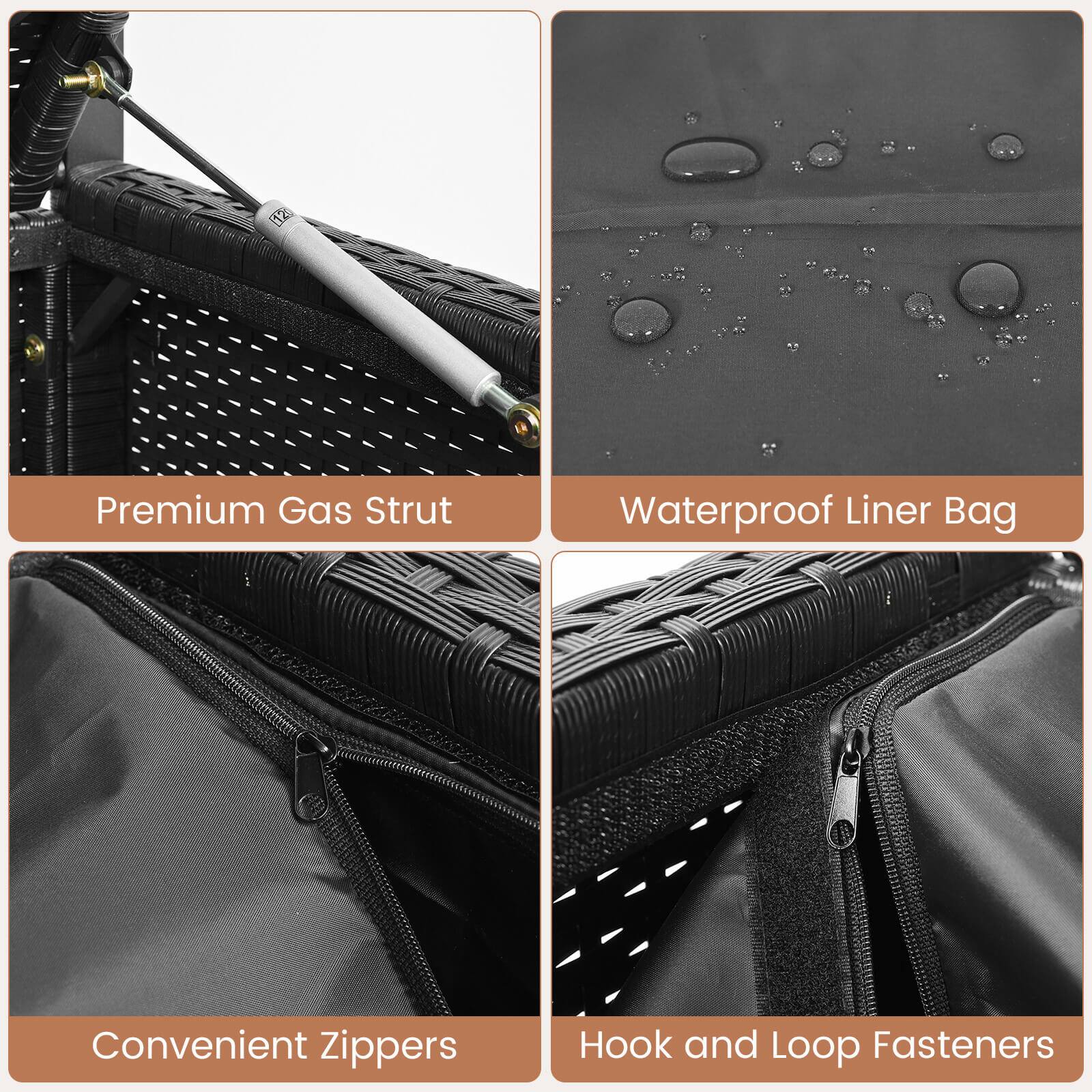 Premium Gas Strut  
Waterproof Liner Bag  
Convenient Zippers  
Hook and Loop Fasteners