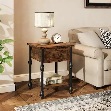 Front. Jojoka - End Table with Drawer and Storage Shelf, 2-Tier Industrial Nightstand - Brown.