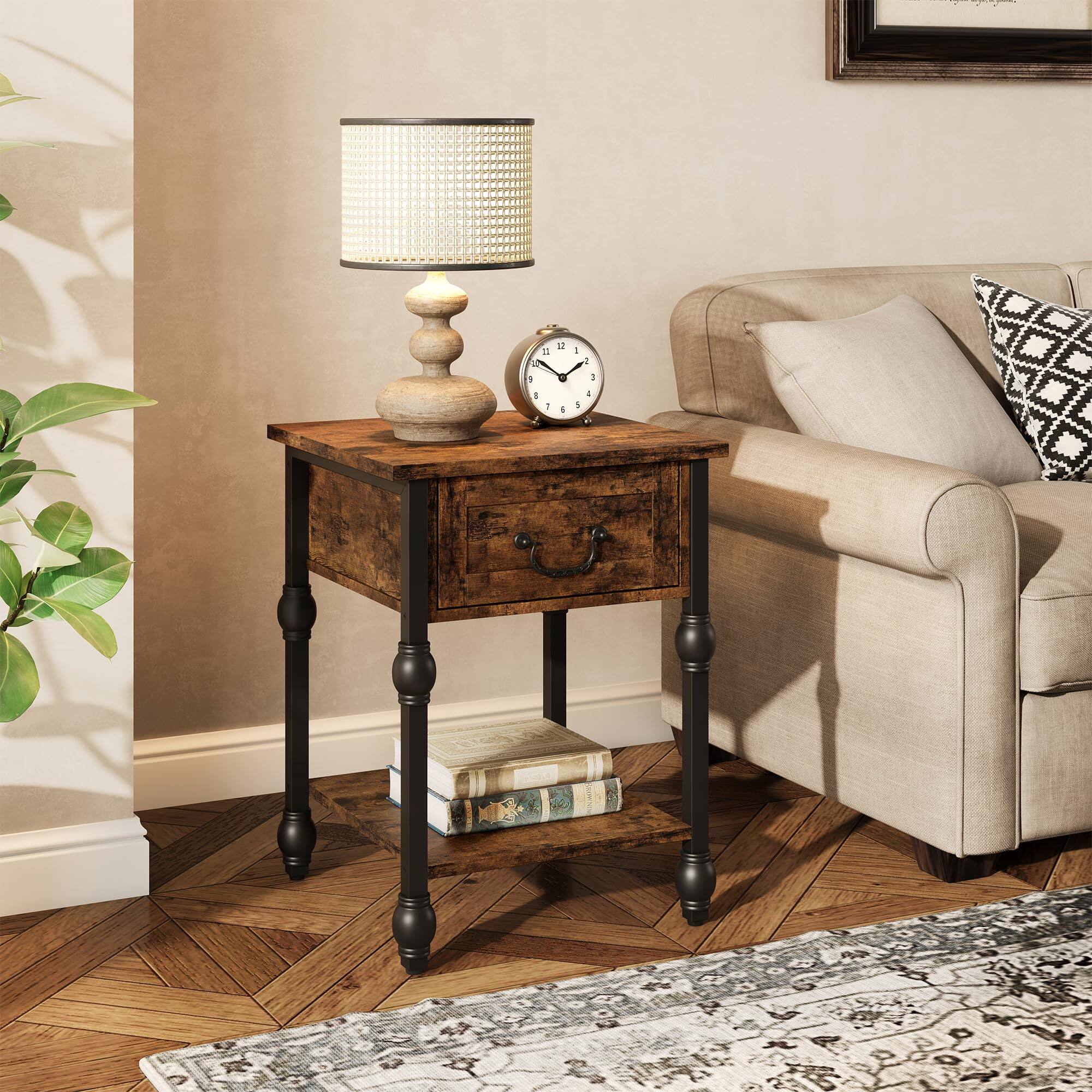 Front. Jojoka - End Table with Drawer and Storage Shelf, 2-Tier Industrial Nightstand - Brown.