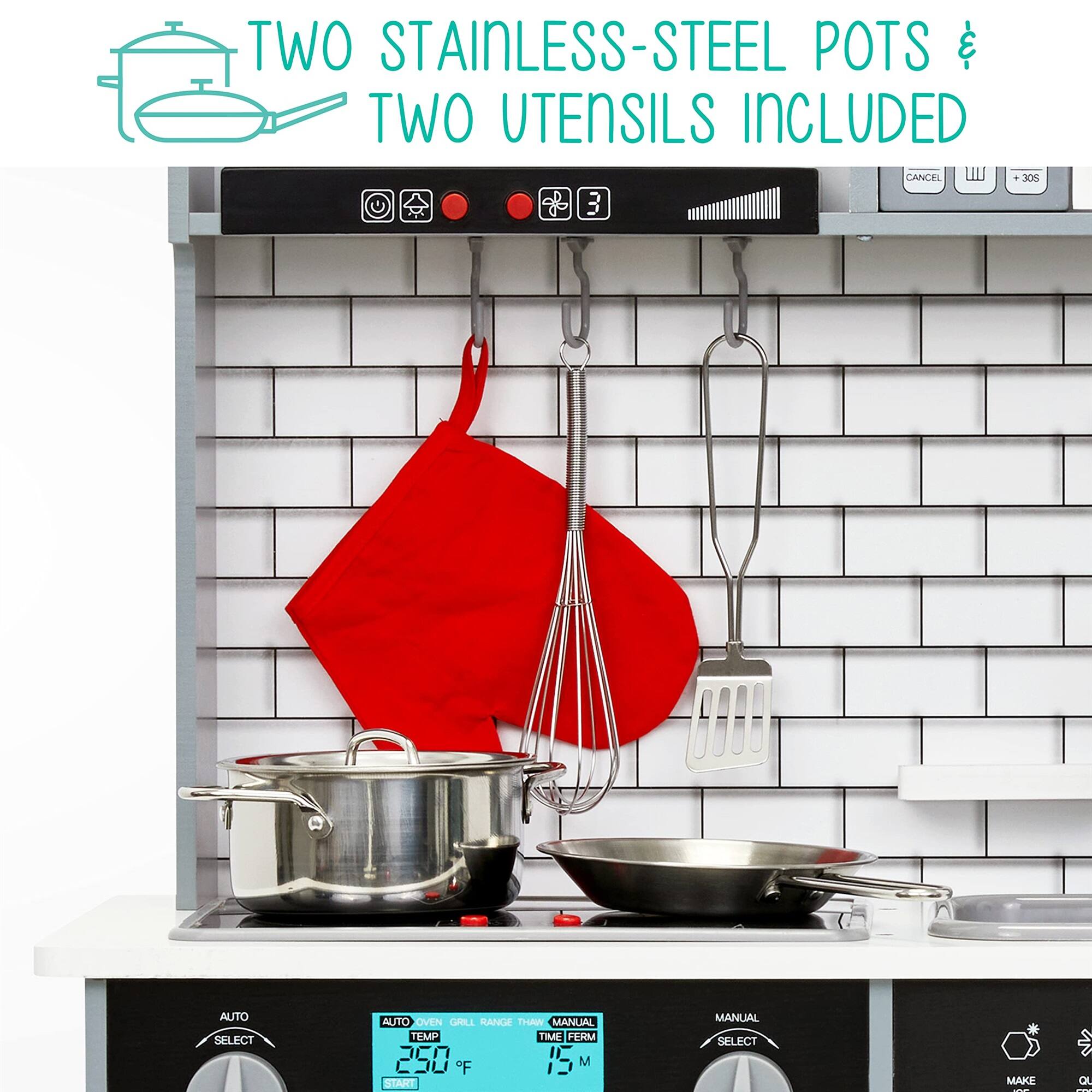 TWO STAINLESS-STEEL POTS  
TWO UTENSILS INCLUDED  

AUTO SELECT  
AUTO OVEN  
GRILL  
RANGE  
THAW  
MANUAL  
TEMP  
TIME  
FERM  

250°F  

MANUAL  
SELECT  
START  

CANCEL  
+30S