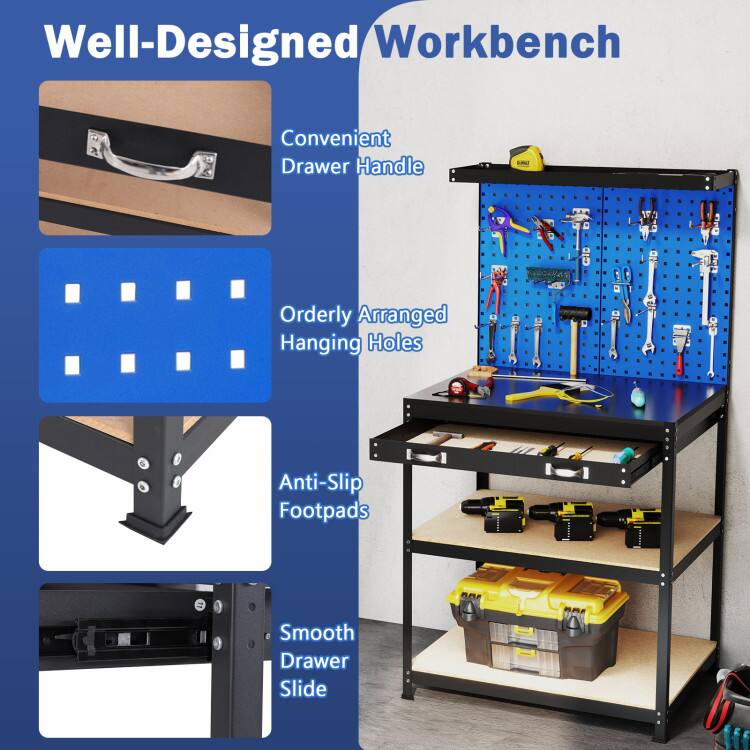 Well-Designed Workbench

- Convenient Drawer Handle
- Orderly Arranged Hanging Holes
- Anti-Slip Footpads
- Smooth Drawer Slide