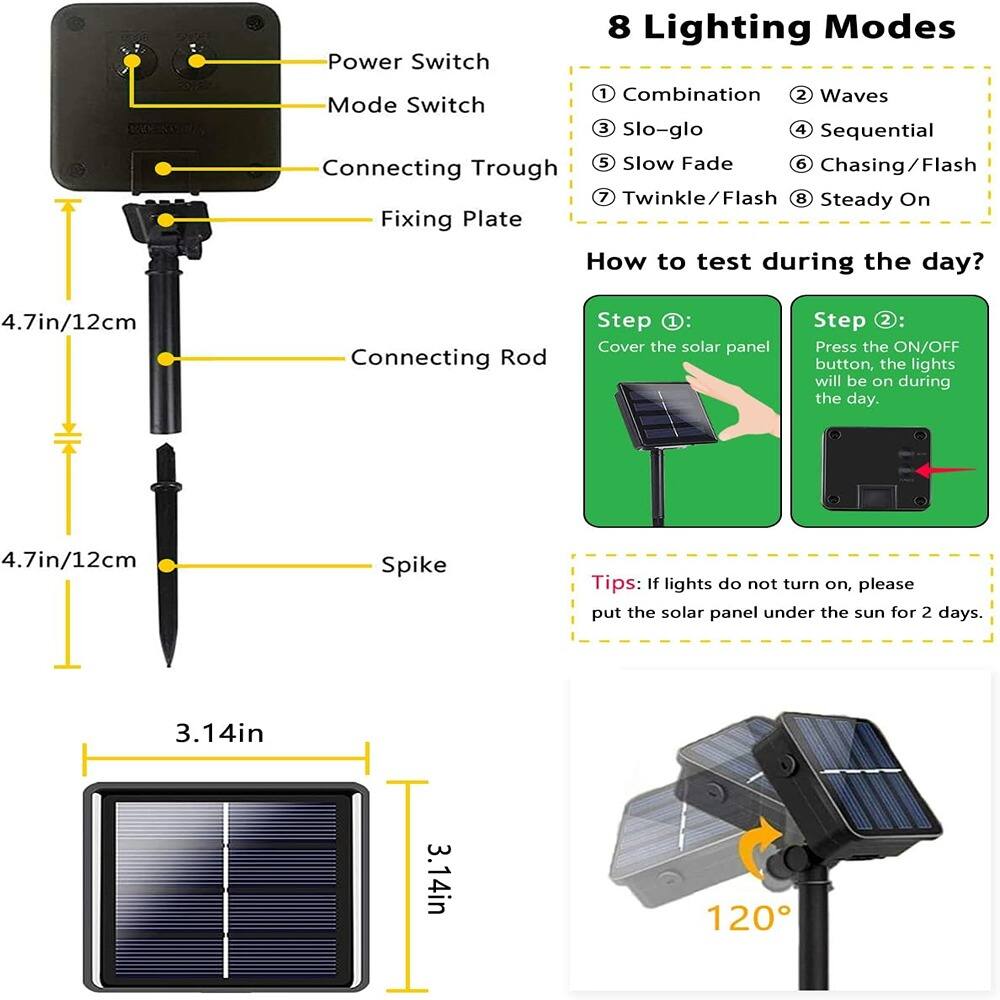 **Power Switch**  
**Mode Switch**  
**Connecting Through**  
**Fixing Plate**  
**Connecting Rod**  
**Spike**  

**8 Lighting Modes**  
1. Combination  
2. Waves  
3. Slo-glo  
4. Sequential  
5. Slow Fade  
6. Chasing/Flash  
7. Twinkle/Flash  
8. Steady On  

**How to test during the day?**  
**Step 1:** Cover the solar panel  
**Step 2:** Press the ON/OFF button, the lights will be on during the day.  

**Tips:** If lights do not turn on, please put the solar panel under the sun for 2 days.  

**Dimensions:**  
- 4.7in/12cm  
- 3.14in  
- 120°
