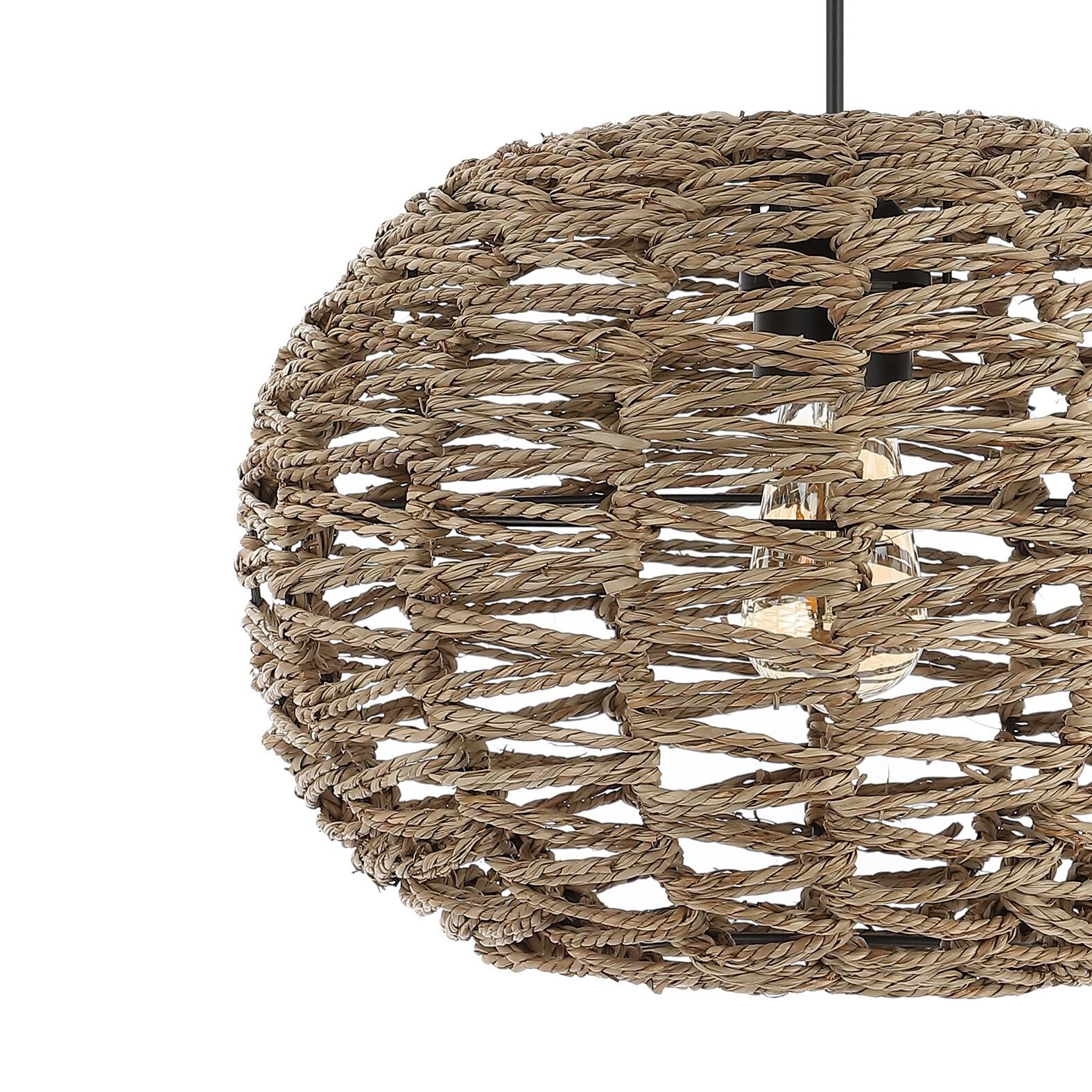 Alt View 4. Jonathan Y - Isla 14" 1-Light Farmhouse Coastal Rattan 180" Cord Plug-In or Hardwired LED Pendant, Brown - Brown.