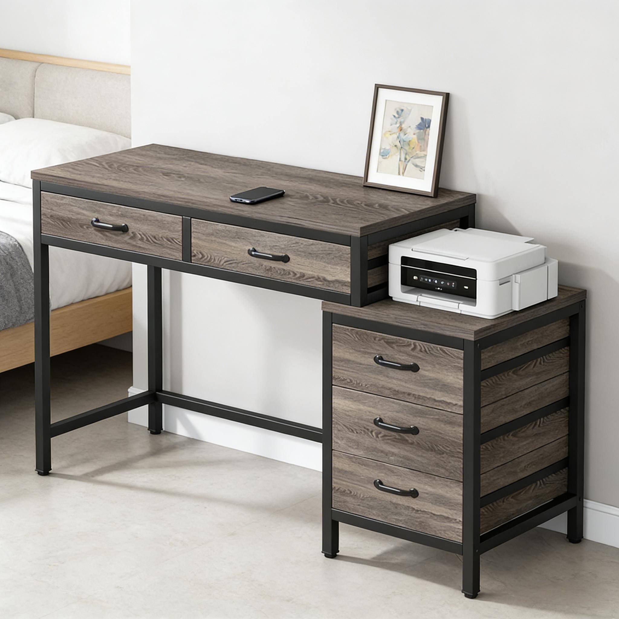 Forest'nSky - Modern Computer Desk with Drawer Cabinet, Writing Table & Spacious Office Workstation,Grey - Gray