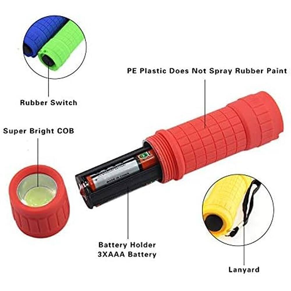 - PE Plastic Does Not Spray Rubber Paint
- Rubber Switch
- Super Bright COB
- Battery Holder
- 3XAAA Battery
- Lanyard