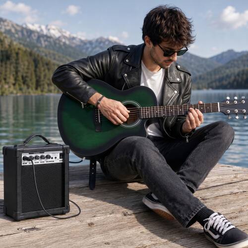 Left. Winado - Full-Size JF Style Cutaway Acoustic Electric Guitar Basswood Body, 41in for Beginners With Gig Bag for Beginner - Green.