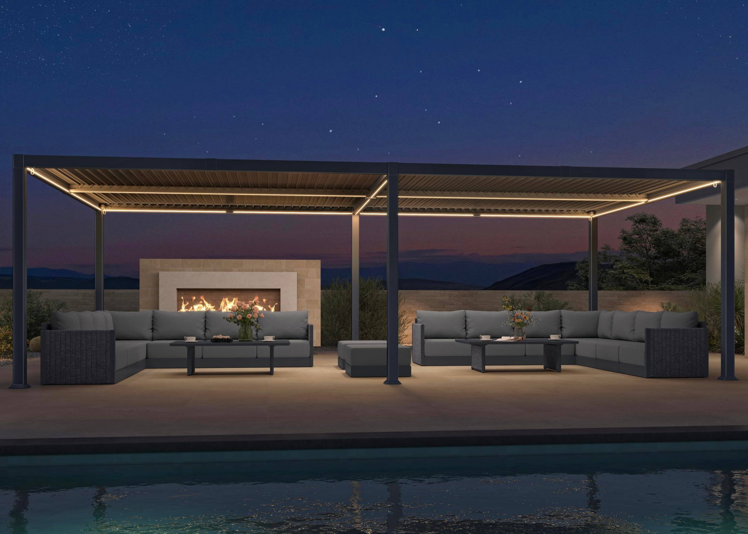 Front. PURPLE LEAF - Louvered Pergola with LED Strip Lights Outdoor Gray Aluminum Hardtop Gazebo with Adjustable Roof for Patio Garden Yard - 13' X 25'.