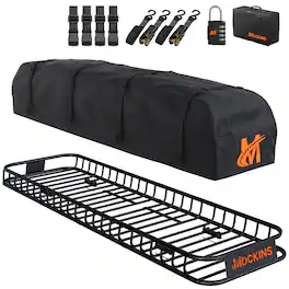 Mockins - 85 in. x 24 in. x 4 in. Narrow Roof Rack Basket with 20 Cu Ft. Rooftop Bag (85 in. x 24 in. x 17 in) & Accessories
