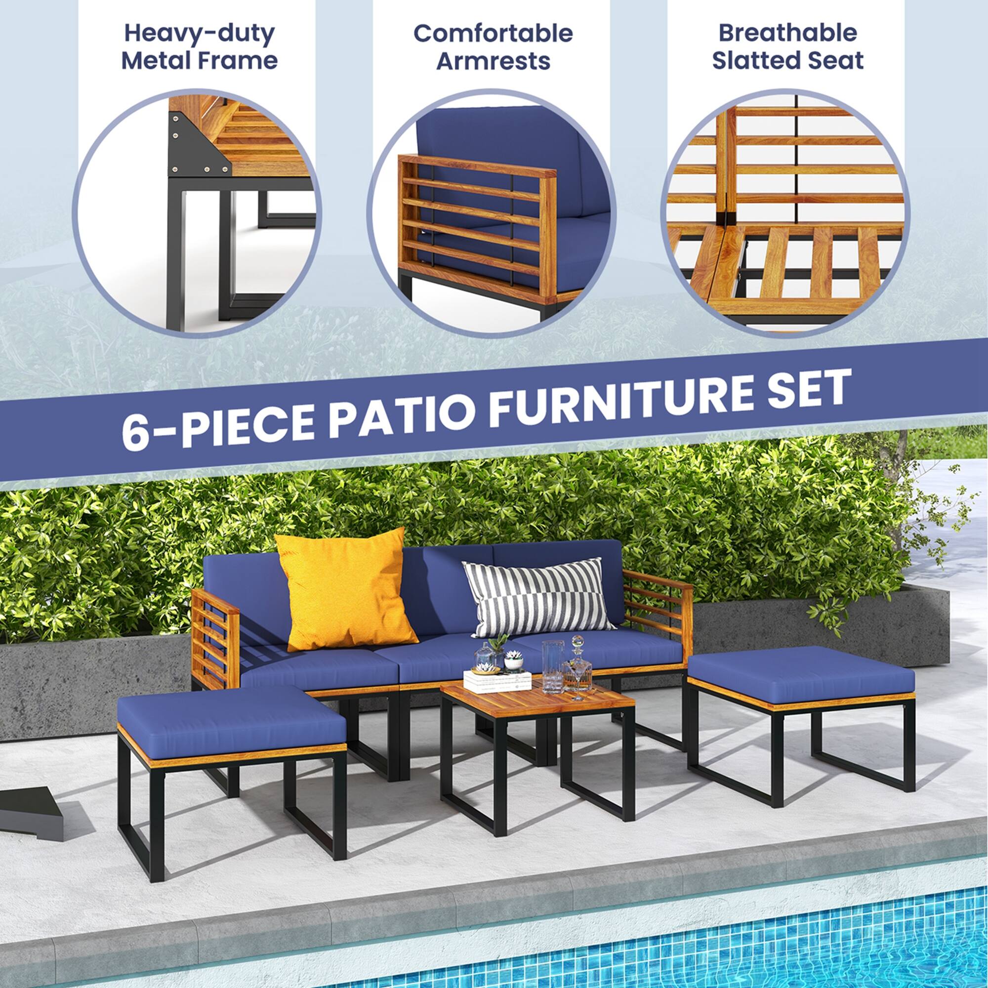 Heavy-duty Metal Frame  
Comfortable Armrests  
Breathable Slatted Seat  

6-PIECE PATIO FURNITURE SET