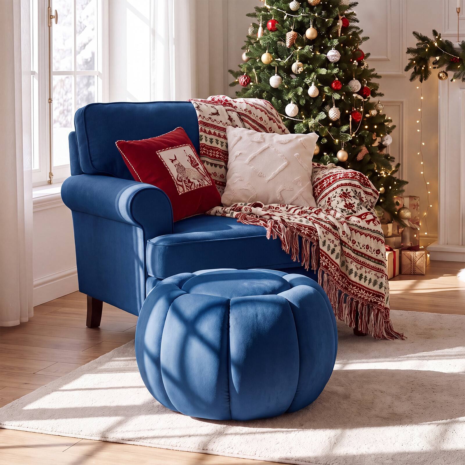 Alt View 1. Costway - Costway Pumpkin Ottoman with Hidden Storage Removable Lid Velvet Fabric Anti-slip Foot Pads - Blue.
