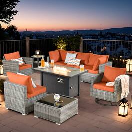 Ovios - 9 PCS Patio Furniture Sofa Set with 42" Fire Pit Table & Coffee Table for Porch Balcony - Orange Red