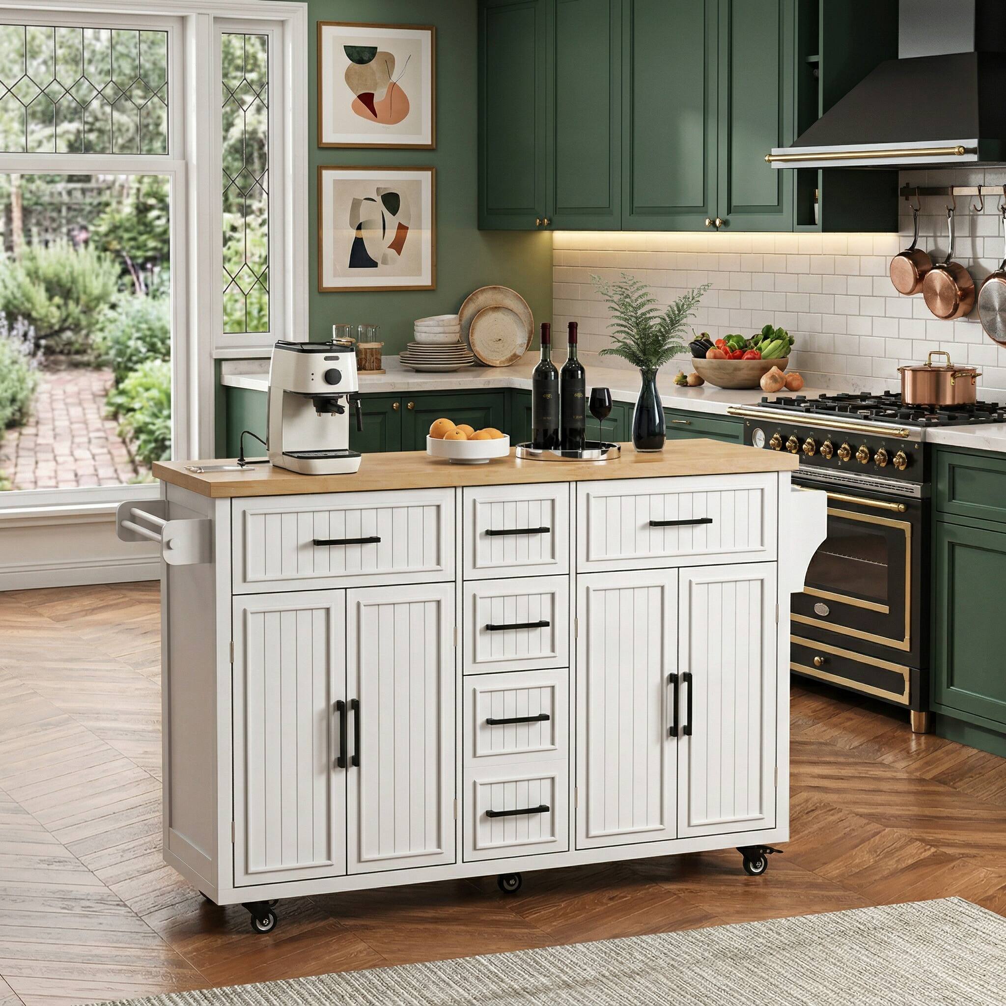 Alt View 1. Forest'nSky - 56.5" Rolling Kitchen Island with Drop Leaf, Power Outlet, Embossed Vertical Stripe, 4 Doors,White - White.