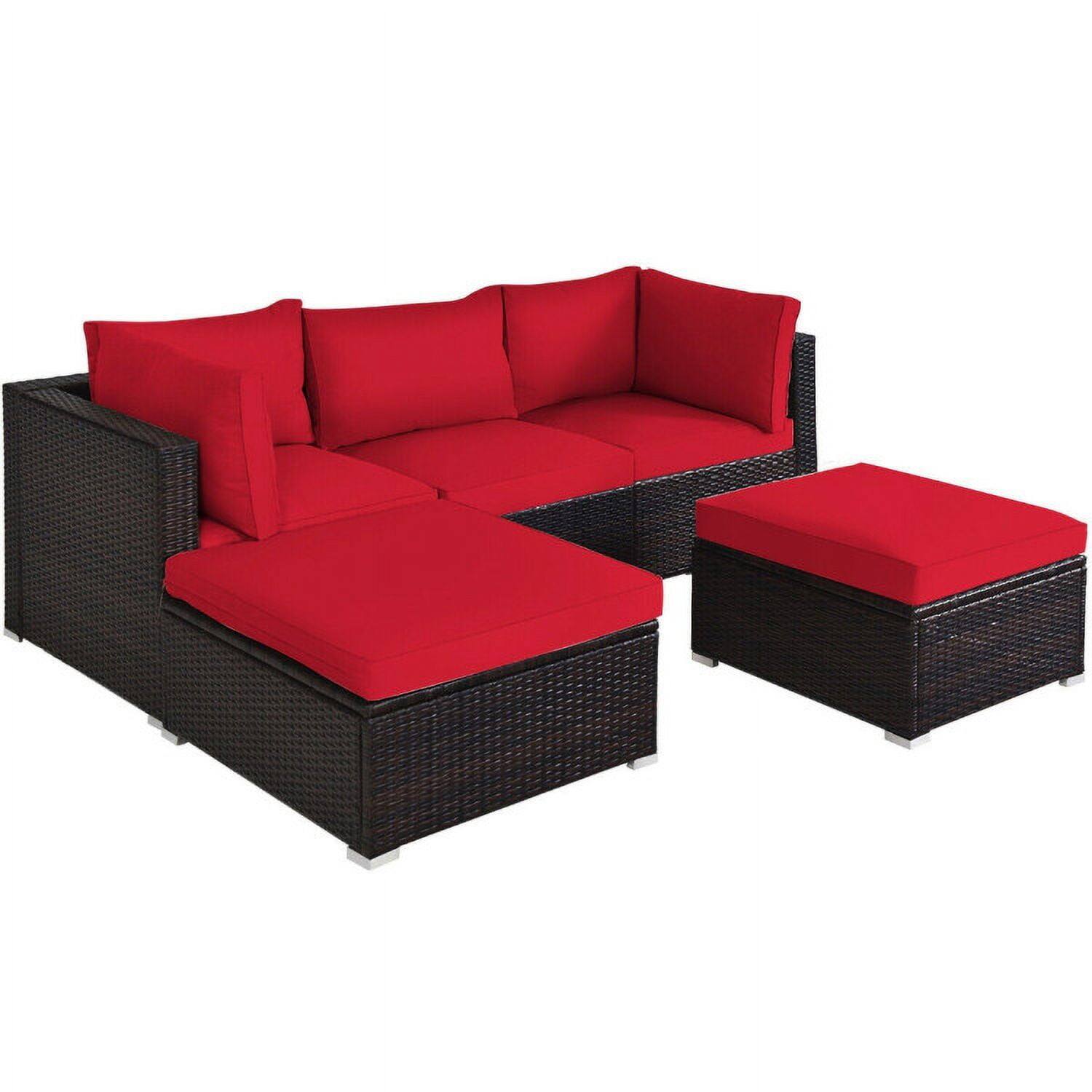 Alt View 2. Kadyn - 5 Pcs Patio Rattan Sofa Set with Cushion and Ottoman-Red, Patio Seating Conversation - Red.