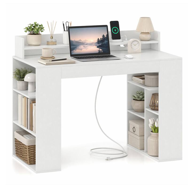 Left. WELLFOR - 43" Modern Computer Desk with Power Outlets and 2 Bookcases, Office Office Desk with Monitor Stand - White.