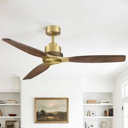 Parrot Uncle - 56" Mid-Century 3-Blade Solid Wood Lightweight Ceiling Fan with 6-Speed DC Motor and Remote, No Light - Vintage Brass